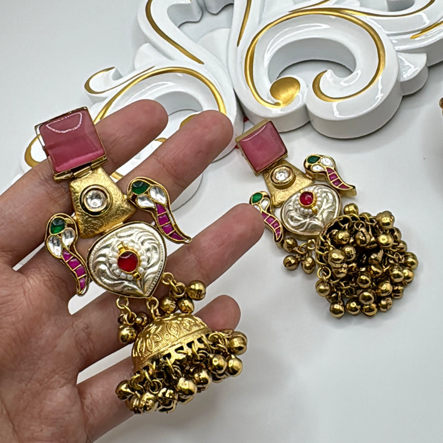 Pink Lightweight Silver Lookalike Gold Earrings With Paachi