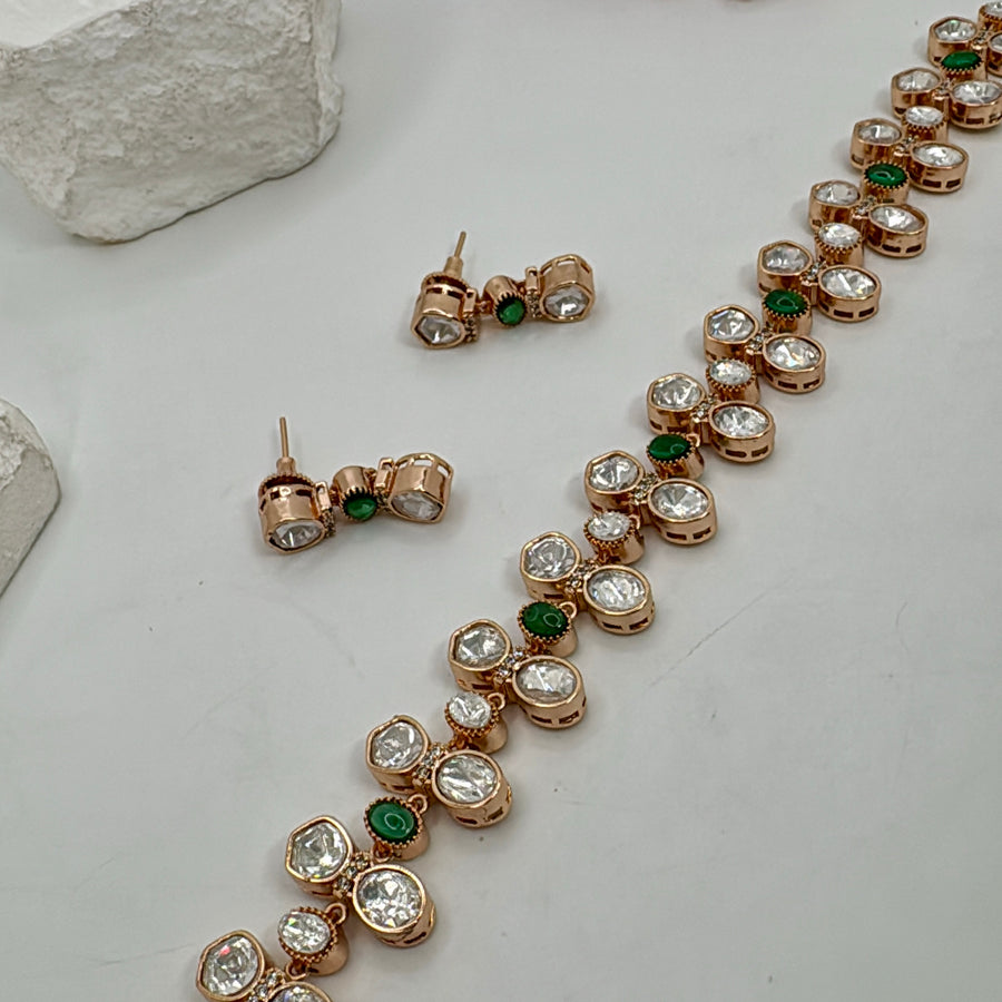 Green Dainty Moissanite Polki Kundan Choker Necklace Set