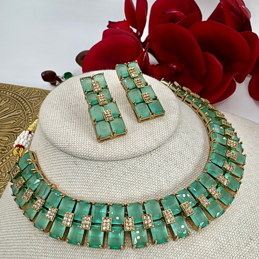 Mint Moissanite Dainty Necklace Set