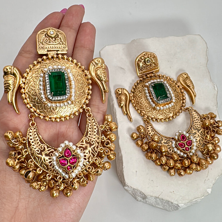 Green Silver Lookalike Gold Statement Earrings With Ruby Paachi Motifs