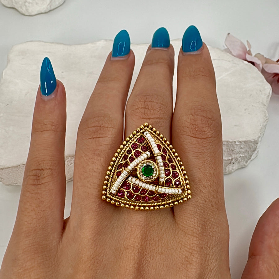 Multi Antique Gold Triangle Adjustable Finger Ring.