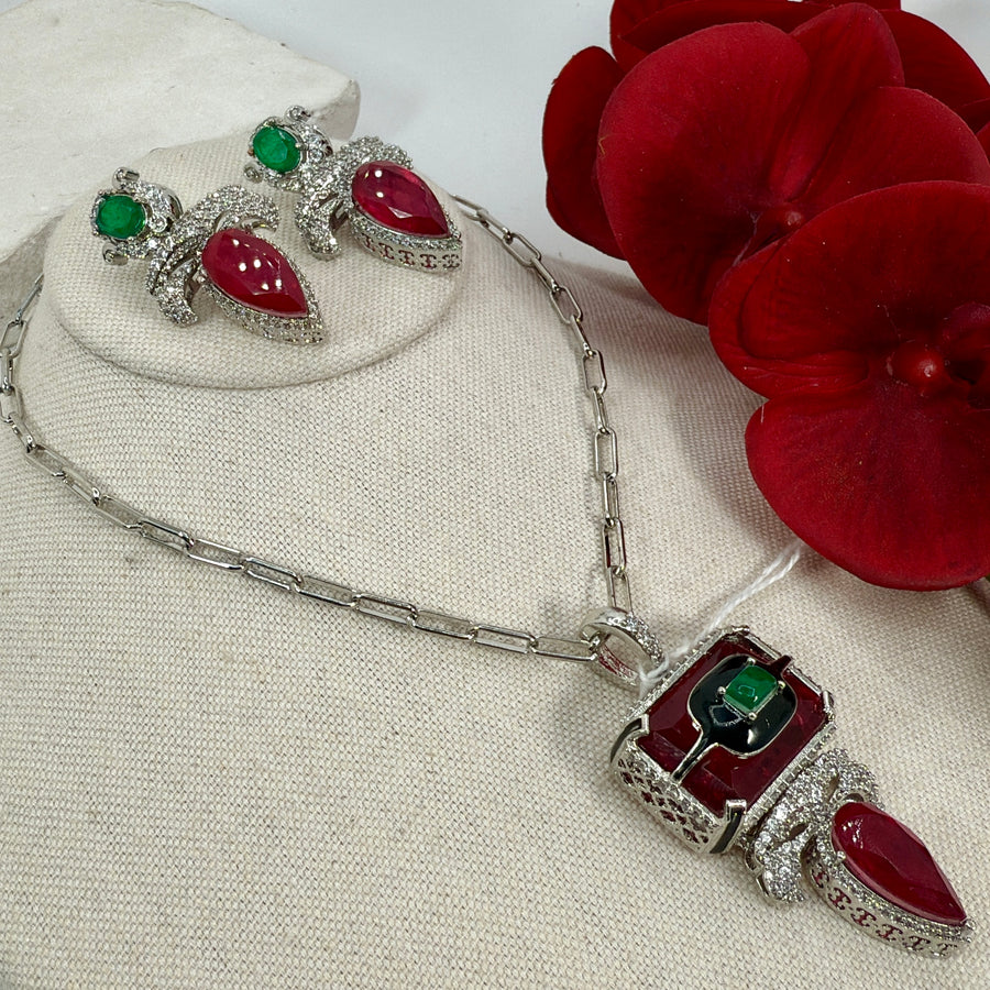 Ruby Green Doublet Enamel Cubic Zirconia Pendant Necklace Set