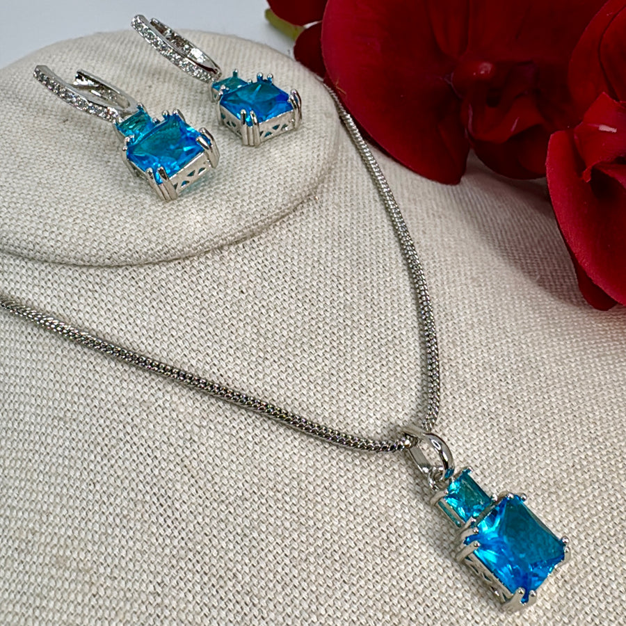 Turquoise Cubic Zirconia Rhodium Polish Pendant Necklace Set