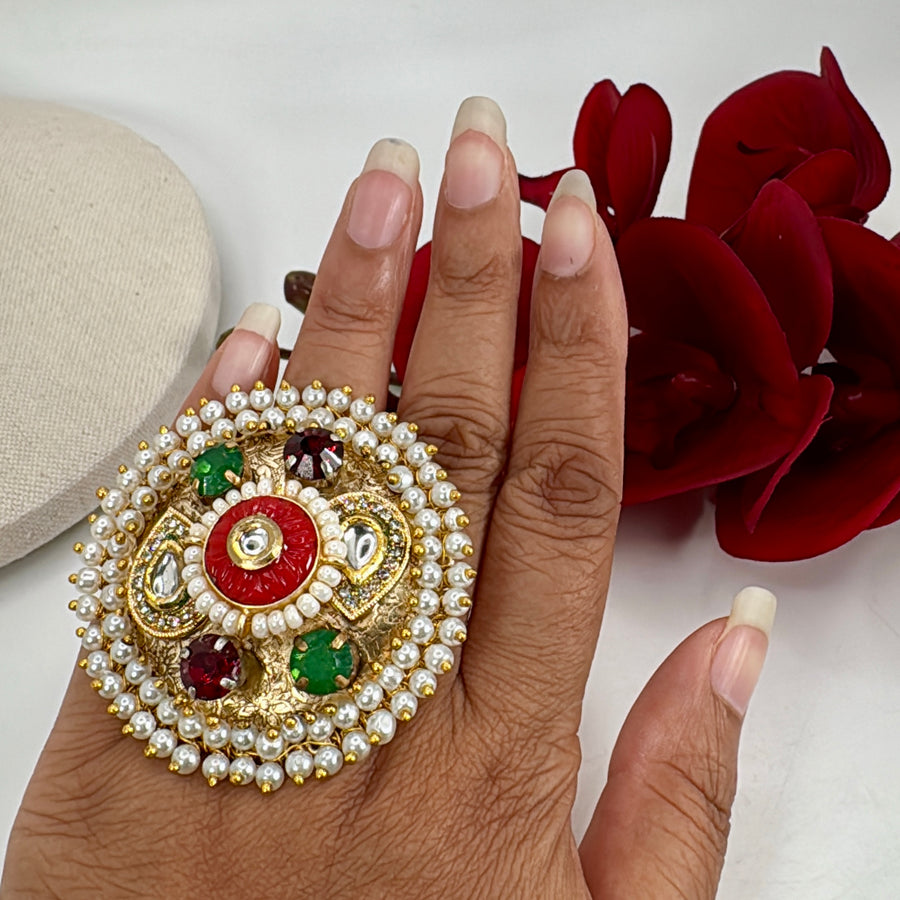 Multi Red Silver Lookalike Adjustable Finger Ring