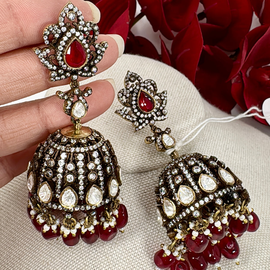 Ruby Moissanite Victorian Polish Jhumka Earrings