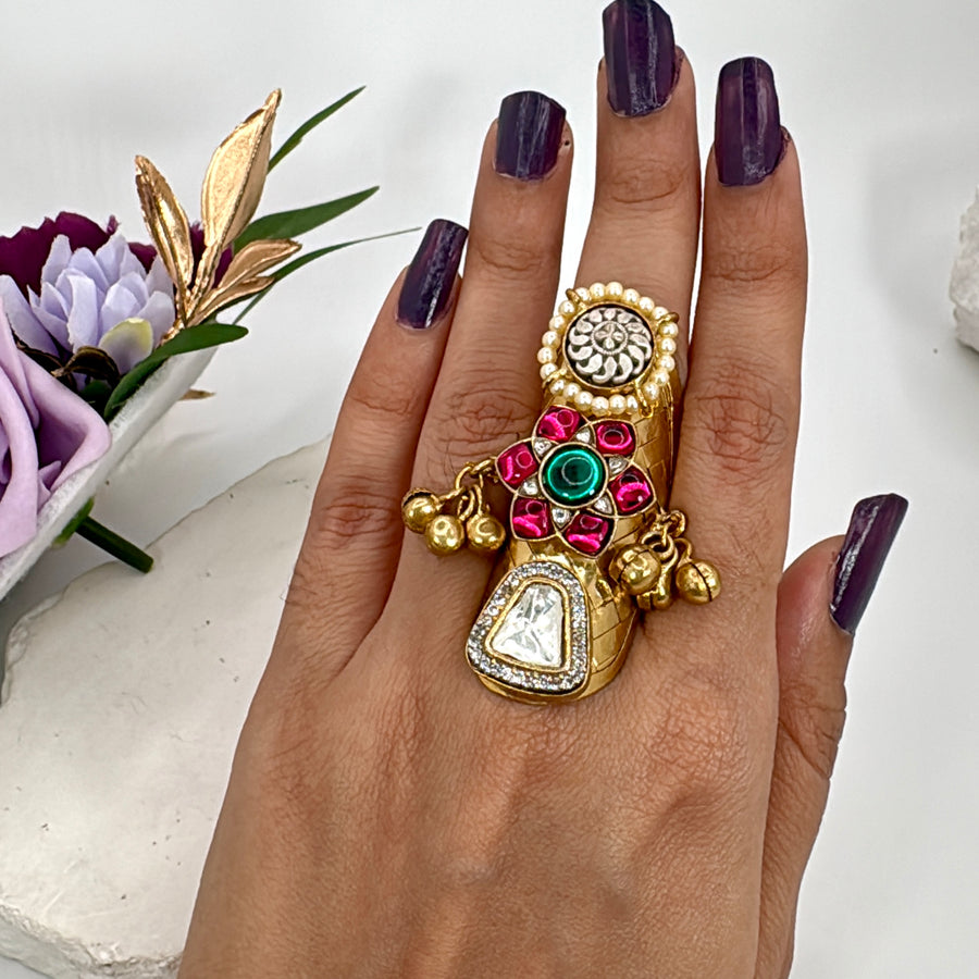 Multi Jadau Silver Lookalike Adjustable Finger Ring