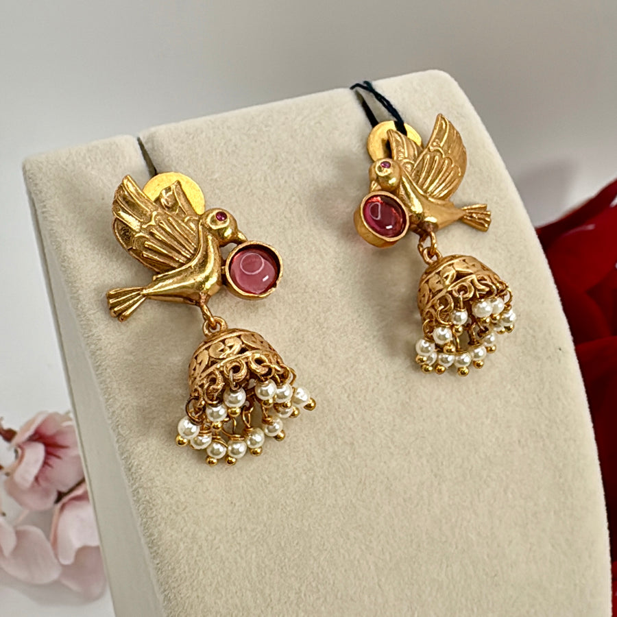 Pink Silver Lookalike Gold Bird Earrings