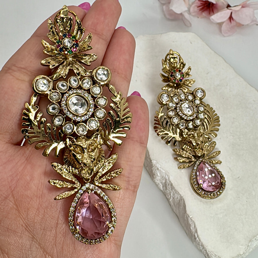 Pink Swarovski Crystal Antique Gold Statement Earrings