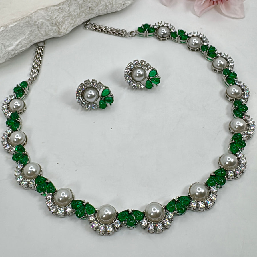 Green Pearl American Diamonds Cubic Zirconia Dainty Necklace