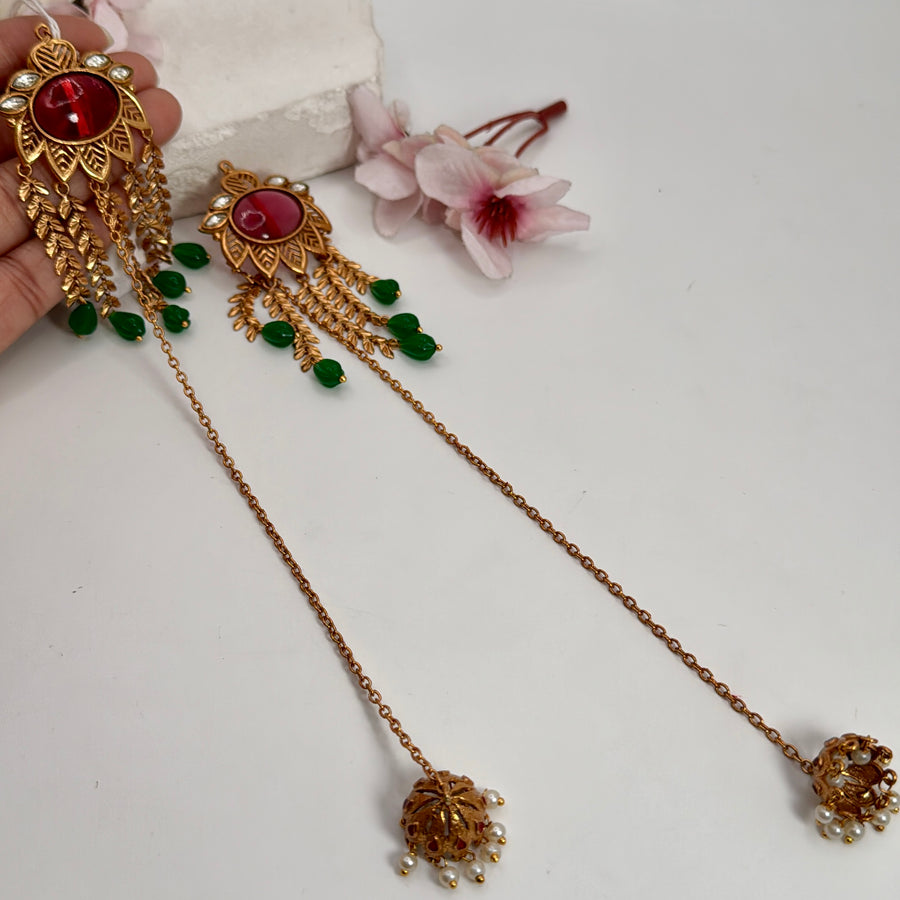 Ruby Green Antique Gold Apala Inspired Kashmiri Earrings