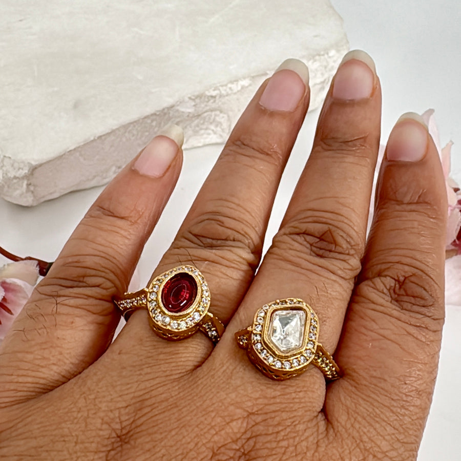 Ruby & Kundan Two Finger Adjustable Finger Ring