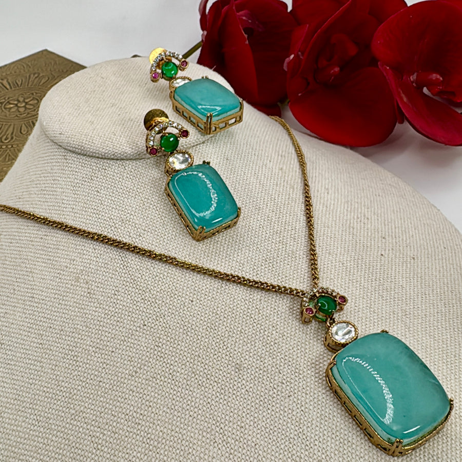 Turquoise Doublet Moissanite Pendant Necklace Set