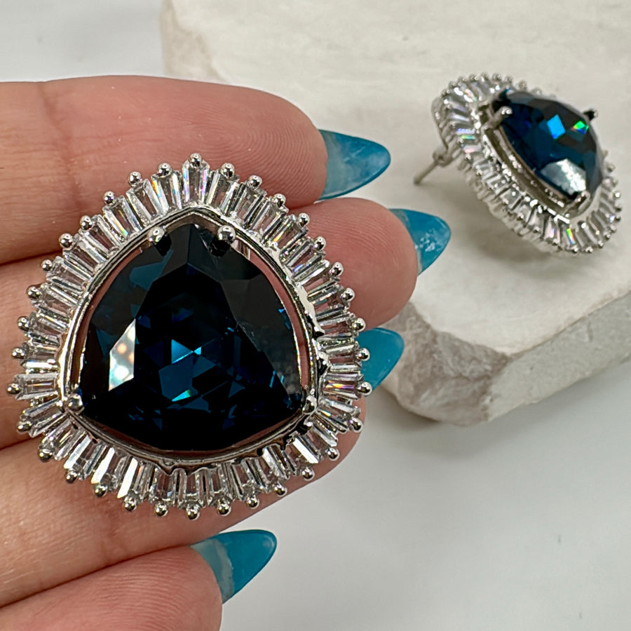 Blue Swarovski Crystals & Baguette American Diamonds Cubic Zirconia Stud Earrings