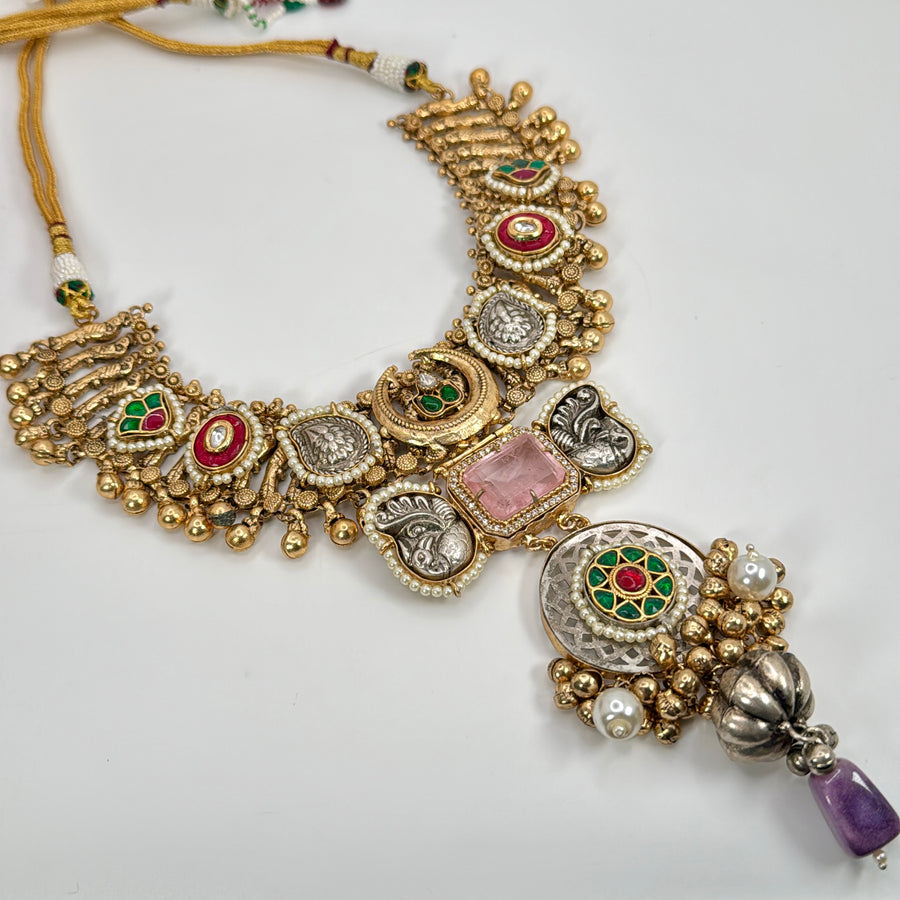 Multi Pink Silver Lookalike Dual Tone Gold Paachi Motifs Fusion Statement Necklace