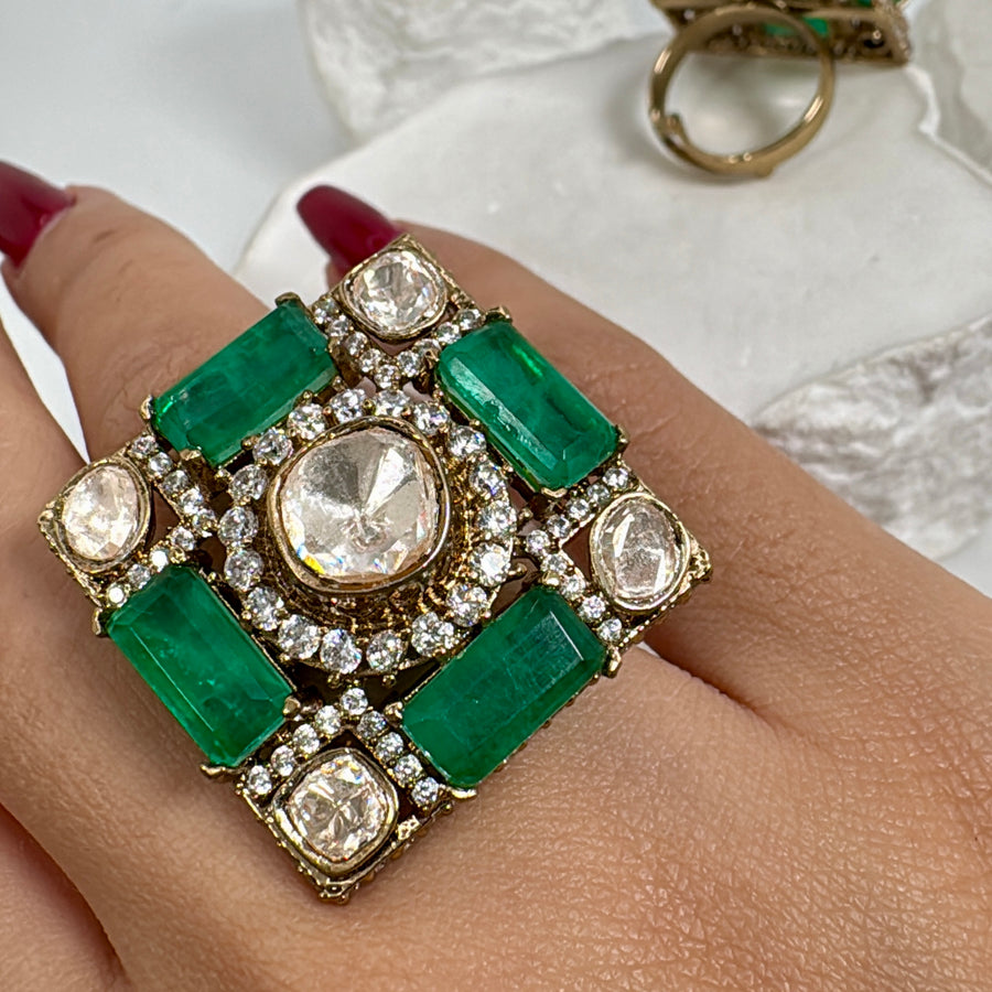Green Doublet Moissanite Statement Adjustable Square Finger Ring