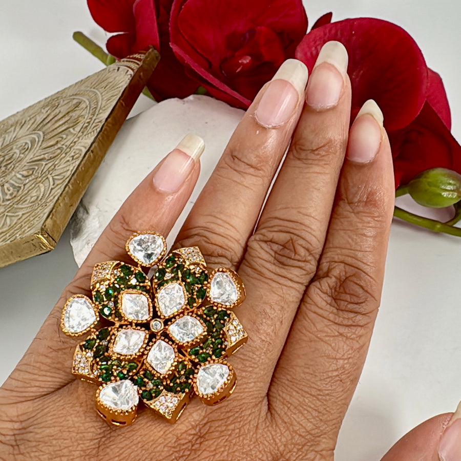 Green Invisible Setting Statement Moissanite Adjustable Finger Ring