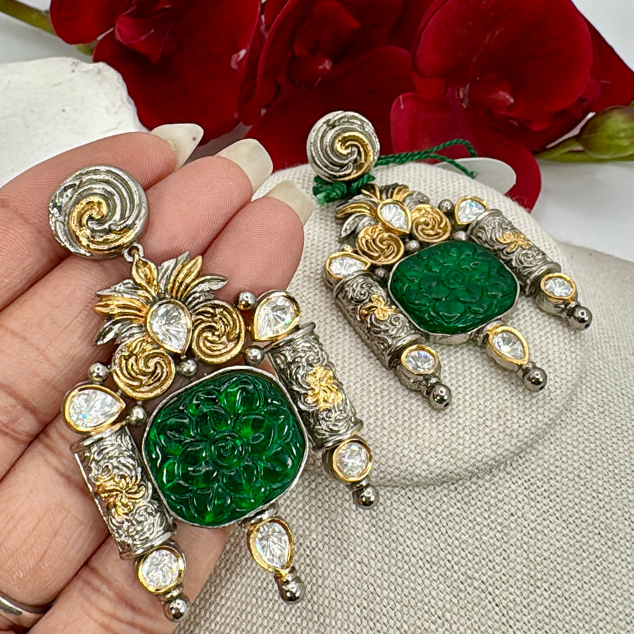Green Dual Tone Silver Lookalike Earrings