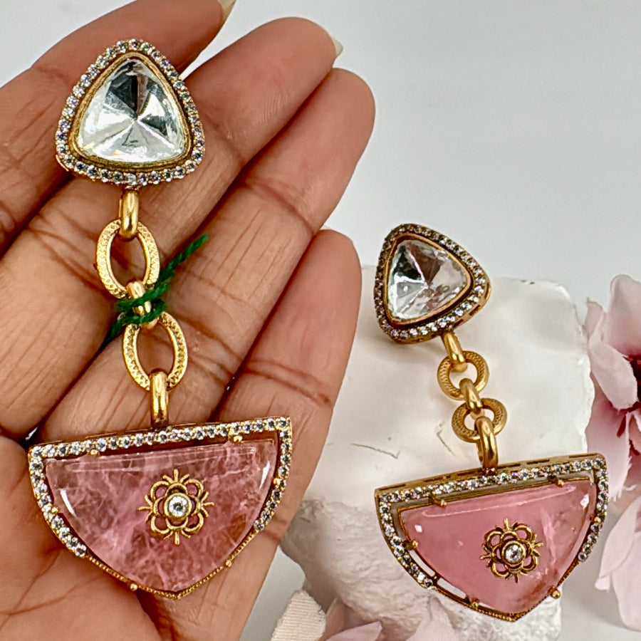 Pink Doublet Moissanite With Inlay Work Earrings