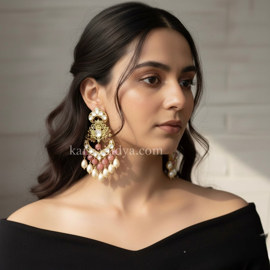 Pink Pearl Moissanite Chand Bali Earrings