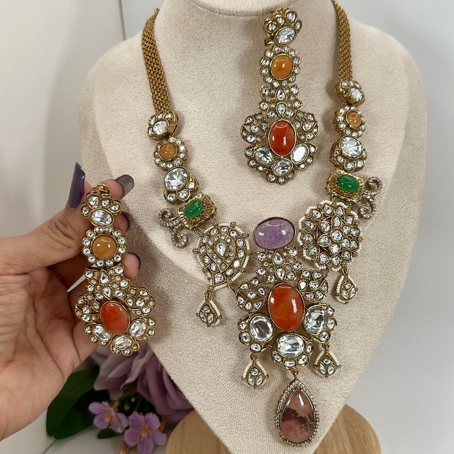 Orange Multi Marble Doublet & Moissanite Sabya Inspired Statement Necklace Set