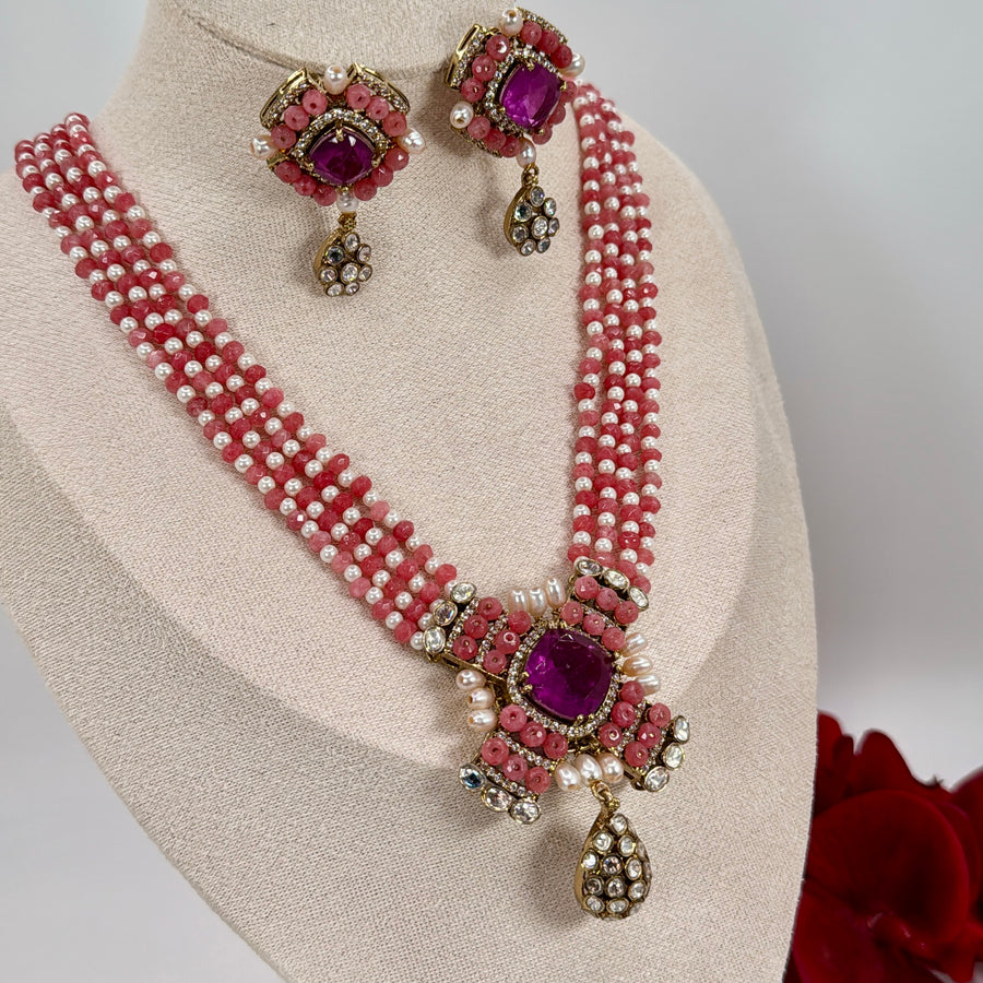 Peach & White Moissanite Doublet Long Necklace Set
