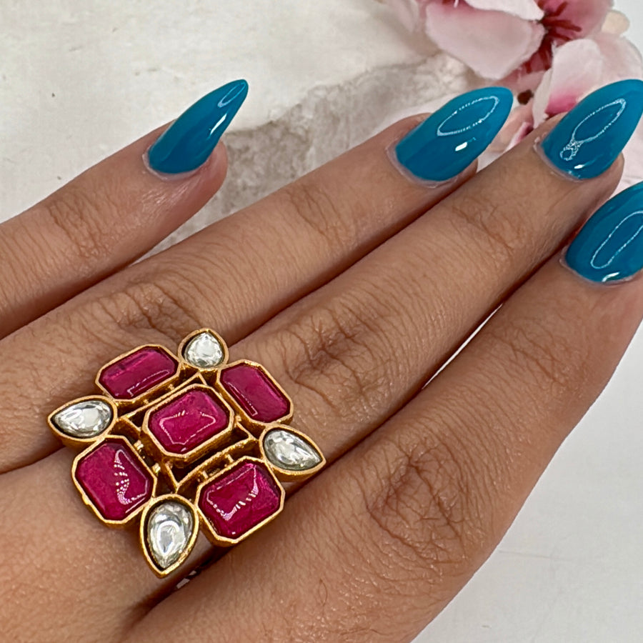 Ruby Paachi Jadau Adjustable Finger Ring