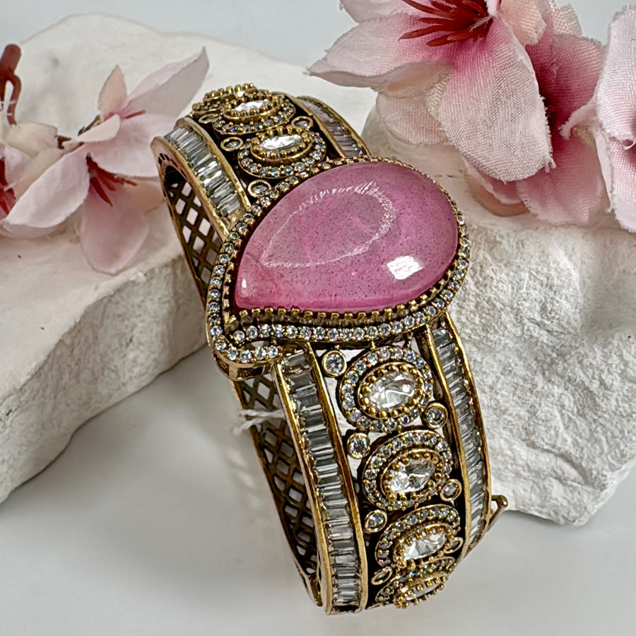 Pink Doublet Moissanite & Baguette Diamonds Openable Bangle(Fits Size 2.2-2.6)