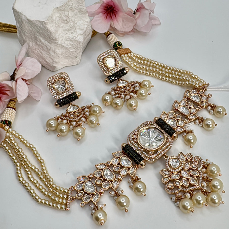 Black Polki Kundan Pearl Choker Necklace Set