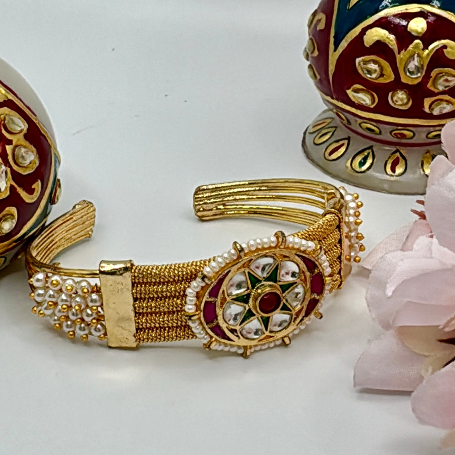 Green & Ruby Paachi Kundan Cuff Bracelet