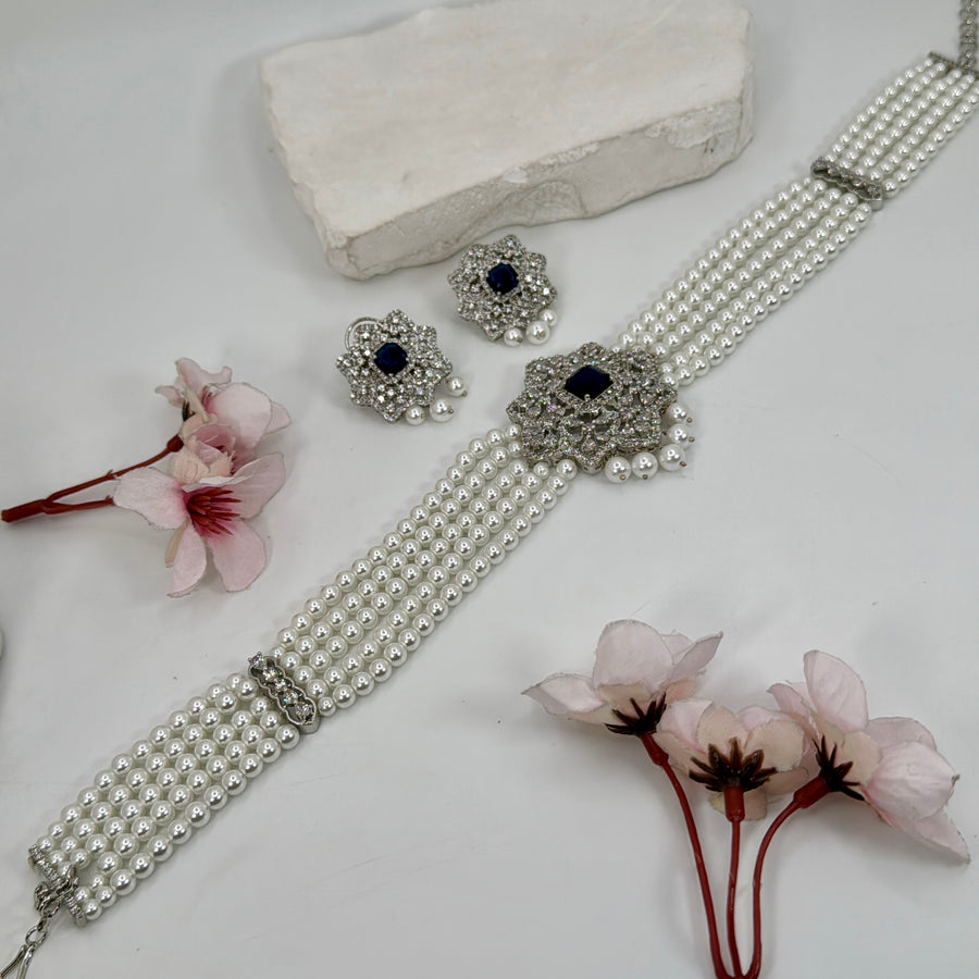 Blue American Diamonds Cubic Zirconia Choker Necklace Set