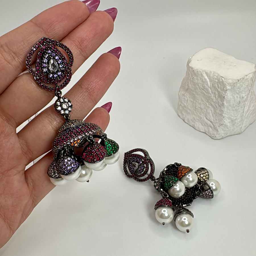 Multi Stone Invisible Setting Pearl Jhumka Earrings