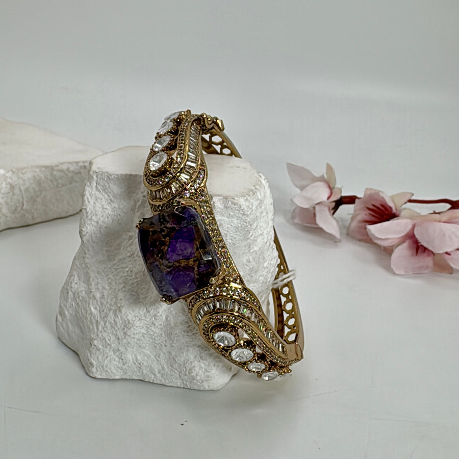 Purple Marble Stone Kundan Moissanite Openable Bangle( Fits Size 2.2-2.6)