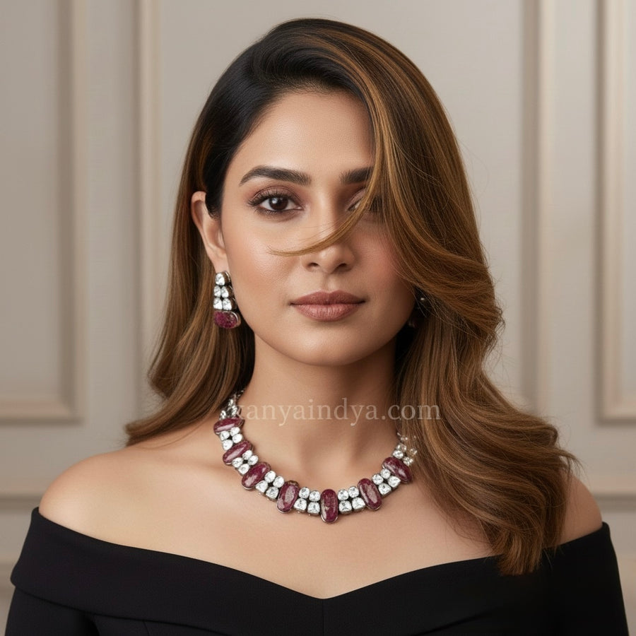 Ruby Marble Doublet & Moissanite Victorian Polish Necklace Set