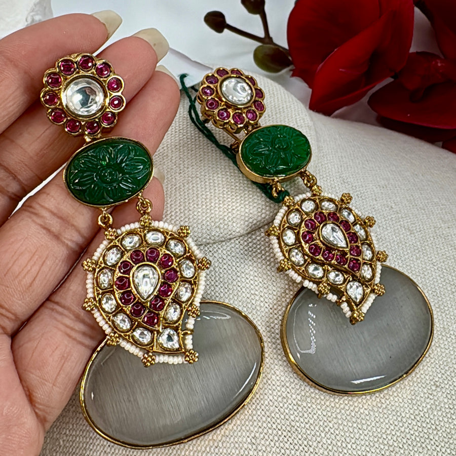 Grey & Green Ruby Paachi Jadau Statement Earrings