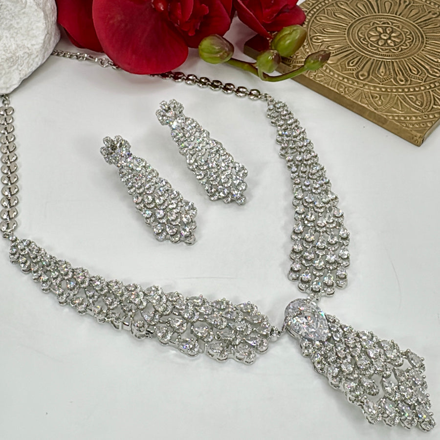 Clear AAA Cut Cubic Zirconia Rhodium Plated Necklace Set