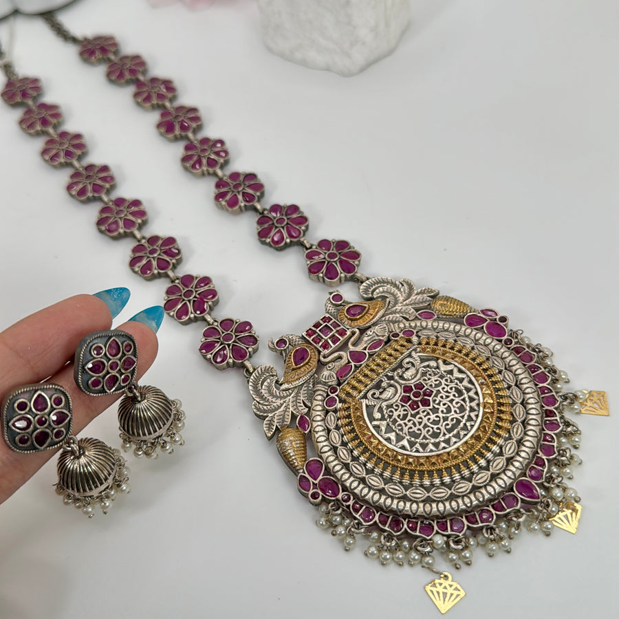 Ruby Dual Tone Silver Lookalike Round Pendant Long Necklace Set