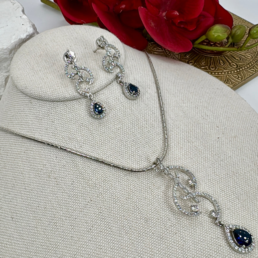 Blue AAA Cut Cubic Zirconia Rhodium Plated Pendant Necklace Set