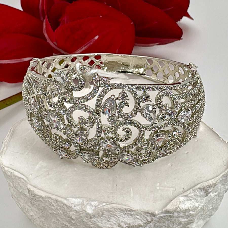 Clear AAA Cut Cubic Zirconia With Rhodium Polish Openable Bangle(Fits Size 2.2-2.6)