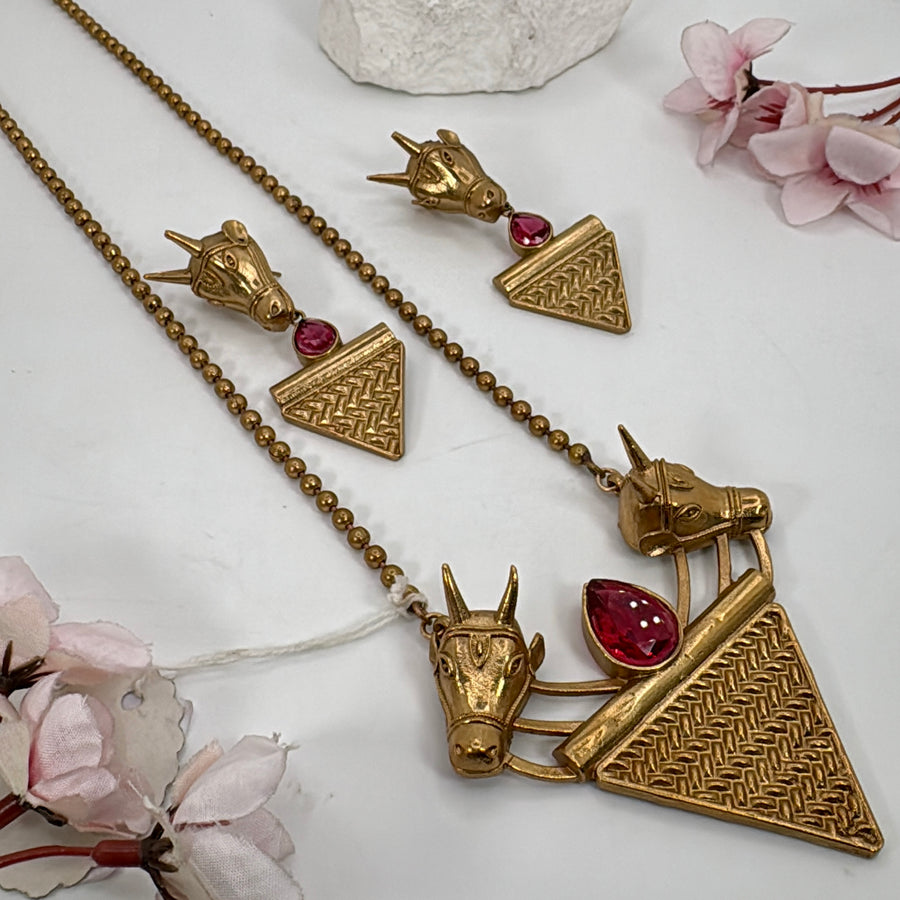 Ruby Apala Inspired Antique Gold Nandi Cow Pendant Necklace Set