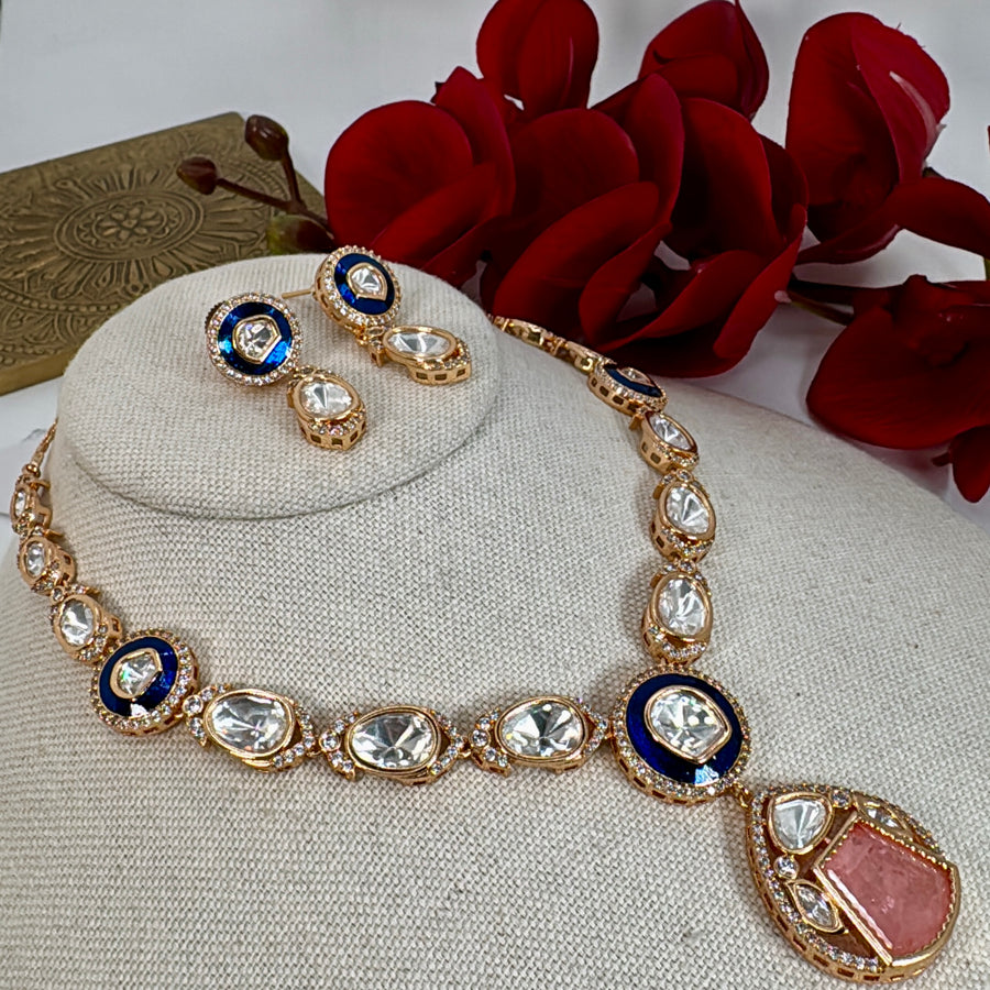 Pink Doublet & Blue Meenakari Dainty Polki Necklace Set
