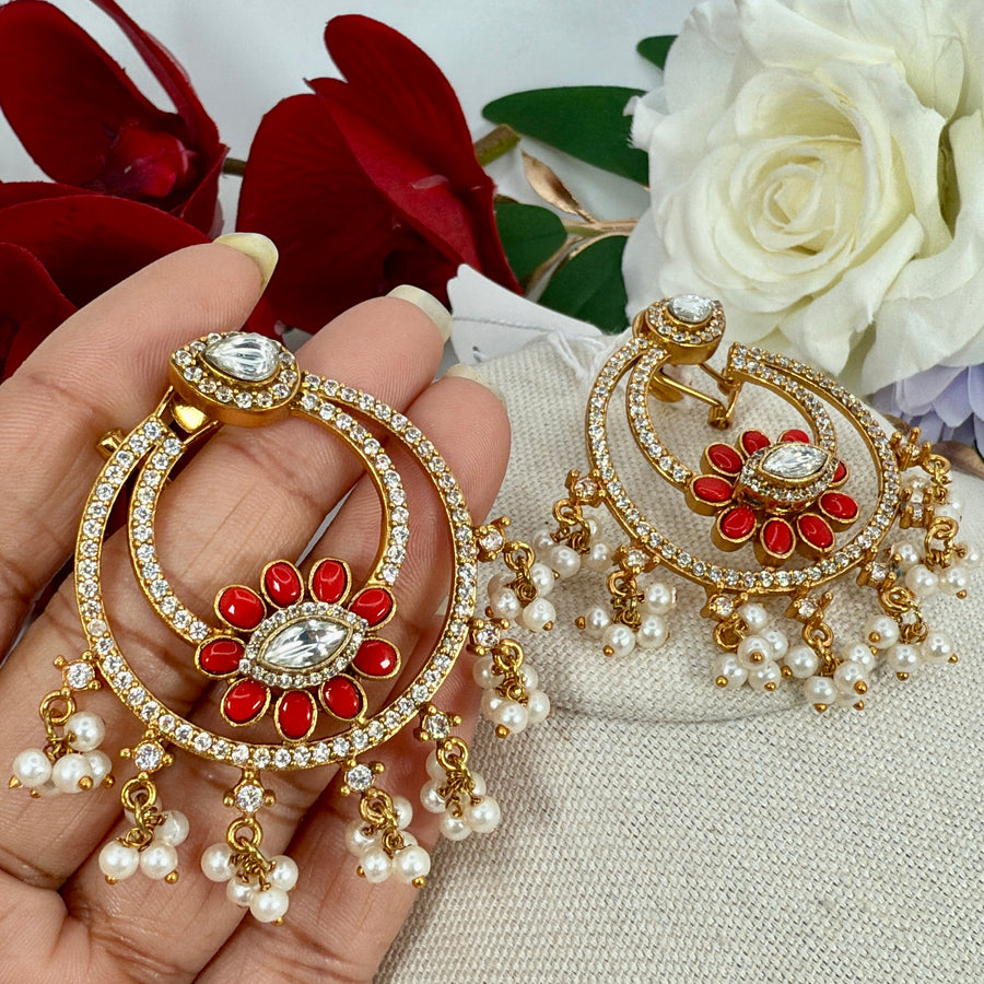 Coral Red Pearl Moissanite Chand Bali Earrings