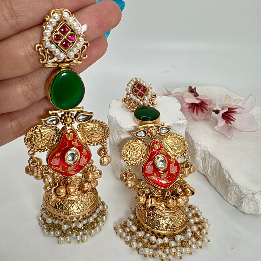 Green & Red Meenakari Silver Lookalike Gold Statement Jhumka Earrings