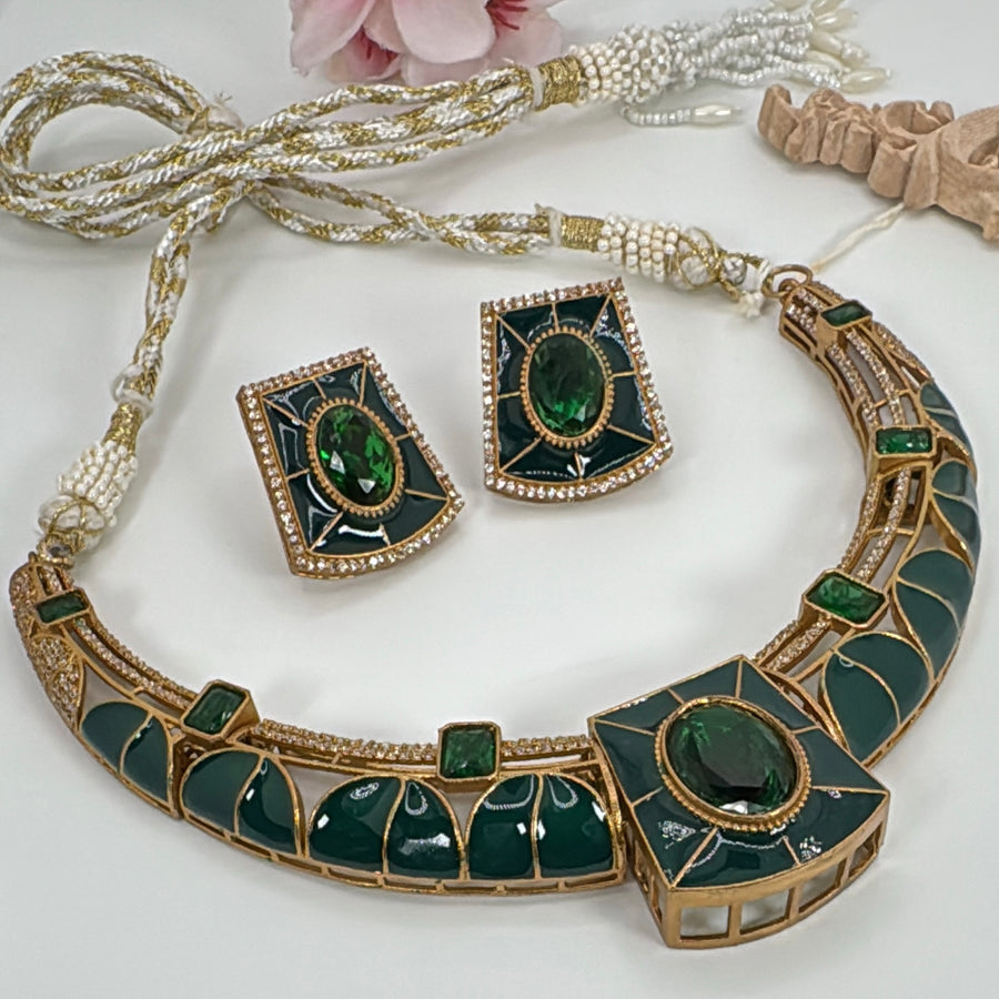 Green Enamel Meenakari Silver Lookalike Gold Hasli Necklace Set