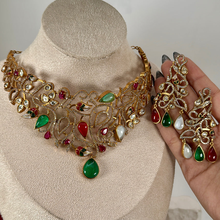 Multi Double Polki Choker Necklace Set