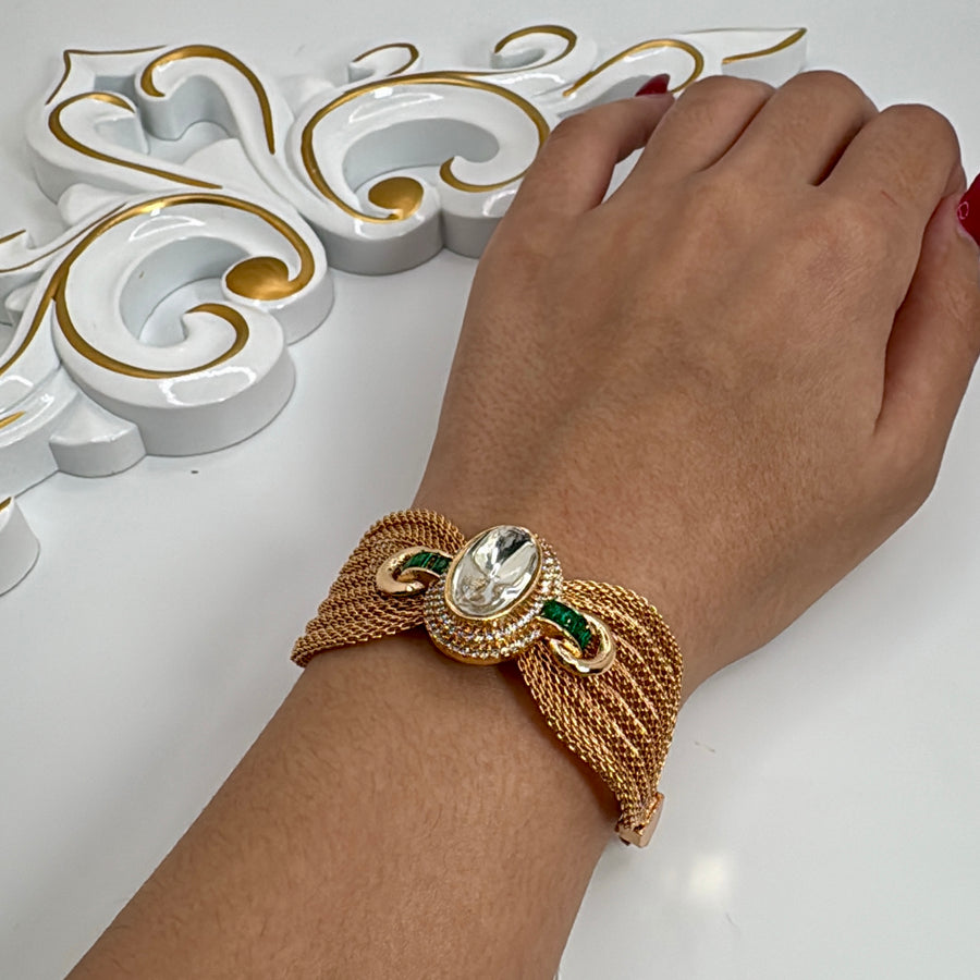 Green Moissanite Kundan Gold Mesh Adjustable Bracelet
