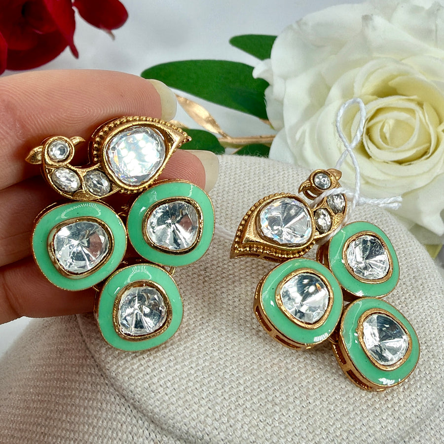 Mint Meenakari Enamel Moissanite Peacock Stud Earrings