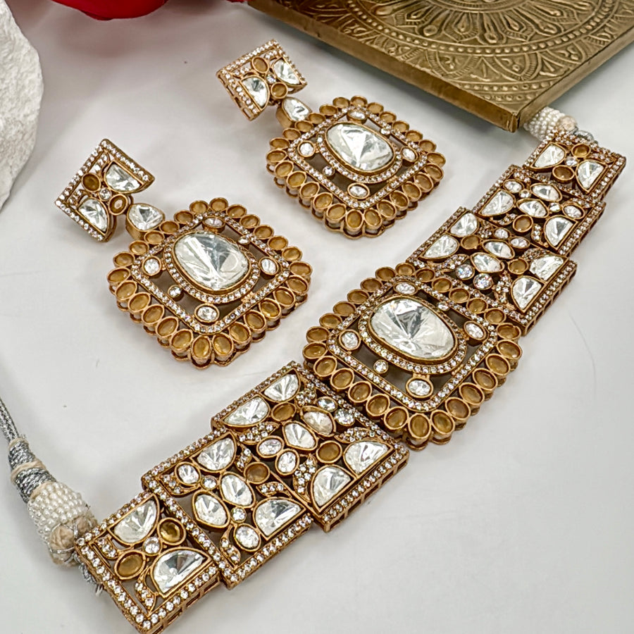 Yellow Moissanite Kundan Chic Choker Necklace Set