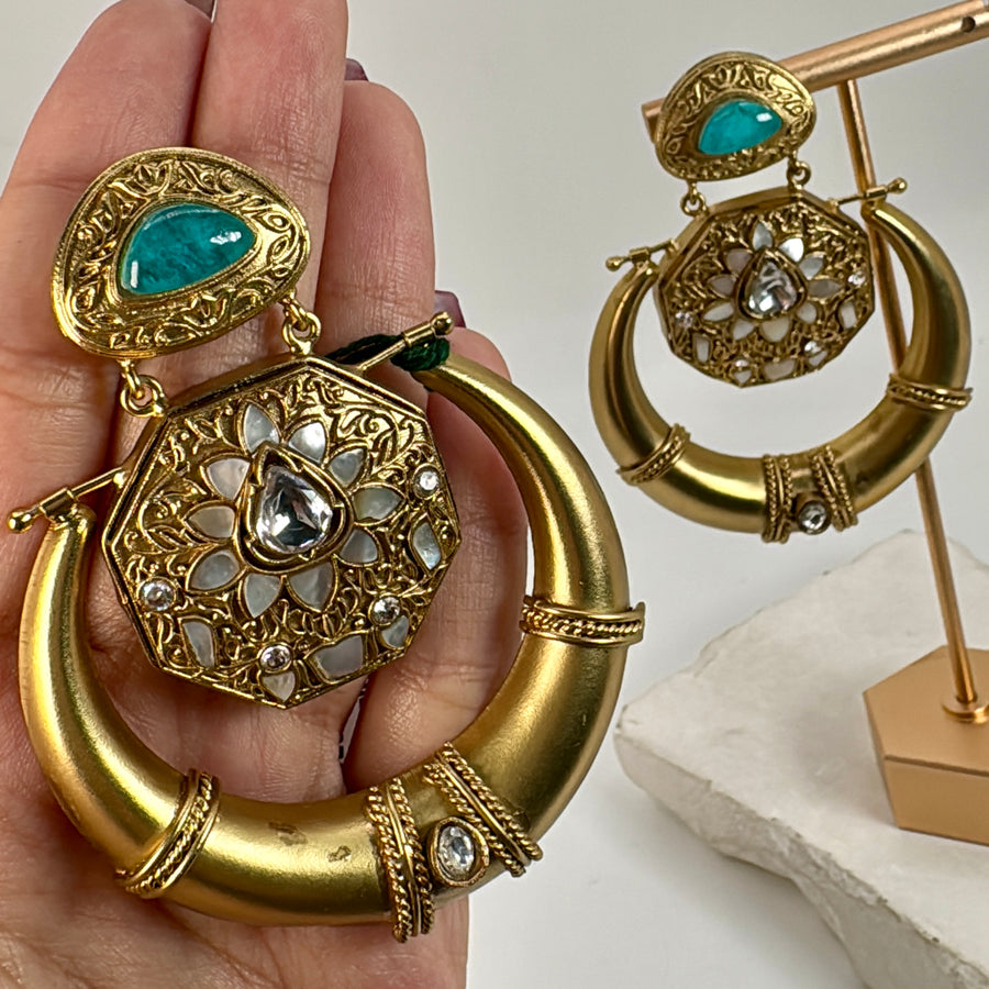 Turquoise MOP SIlver Lookalike Chand Bali Earrings (Approx. Length 3 inches)