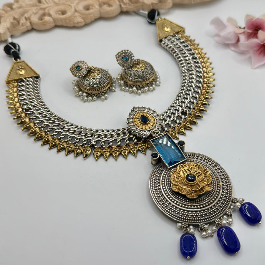 Blue Silver Lookalike Dual Tone Necklace Set