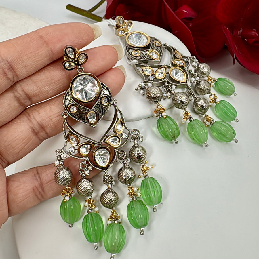Green Silver Lookalike Kundan Earrings